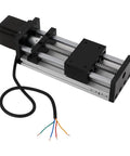 Angled view of 100/200/300mm GGP ball-screw linear guide stage with a Nema 23 motor on an aluminum rail