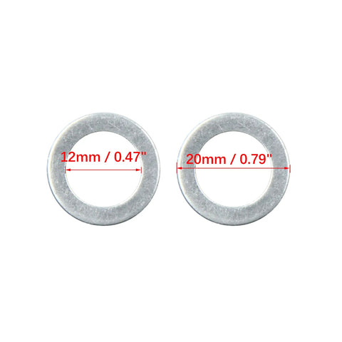 10 Pack Universal Engine Oil Drain Plug Crush Washers And Gaskets, 12mm ID And 19.7mm OD, Great For Cars And Trucks, Leak Free Seal, Easy Fit For Oil Changes And Filter Replacements; silver aluminum washers with 12mm and 20mm size marks