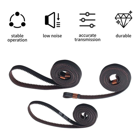 Kobra3 X Y Z Axis Timing Belt Kit Rubber Drive Belts with icons showing stability, low noise, accurate transmission, durability