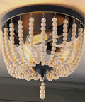 Farmhouse Wood Beaded 3 Light Flush Mount Ceiling Light, Boho Chandelier Style Vintage Lighting For Entryway Hallway Foyer And Bedroom, Black Finish With Gold Edge