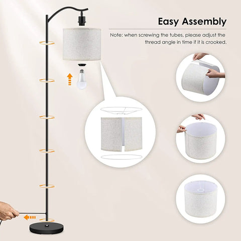 Arched LED Floor Lamp With Beige Linen Shade Slick Modern Mid Century Standing Lamp Black Finish Built In Footswitch Ideal For Living Room Bedroom Study Or Office E26 Base Socket Bulb Not Included Durable Steel Construction assembly guide