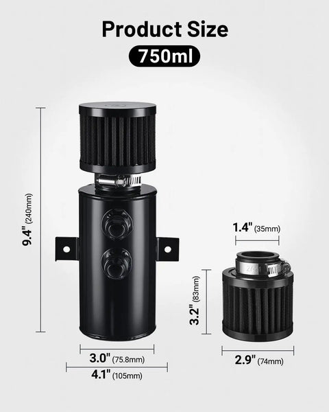 Dope 10AN Oil Catch Can Breather Tank With AN10 Fuel Line Kit black aluminum 750ml dimensions