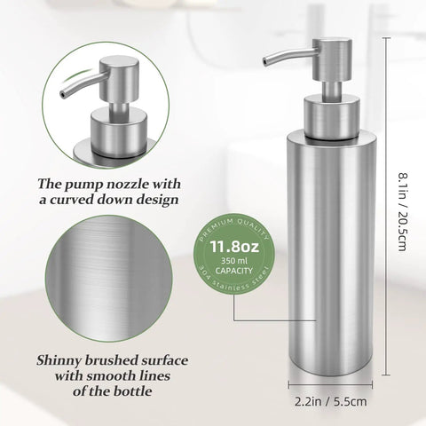 Sleek Stainless Steel Countertop Soap Dispenser For Kitchen And Bath, Rust Proof Pump For Liquid Hand Soap, Dish Soap, Or Lotion, 11.8 Oz