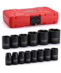14 Piece One Half Inch Drive Shallow Impact Socket Set Metric 6 Point 11mm To 32mm with red case and black oxide finish