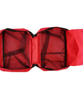 Red empty travel first aid kit bag opened to reveal black mesh interior pockets and dividers.