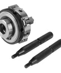 Solid 50mm Mini 4 Jaw Lathe Chuck Portable Reversible Manual Clamping Tool For Woodworkers with two grip handles.