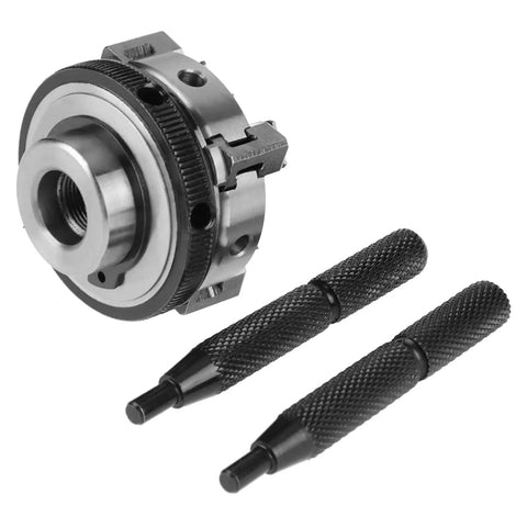 Solid 50mm Mini 4 Jaw Lathe Chuck Portable Reversible Manual Clamping Tool For Woodworkers with two grip handles.