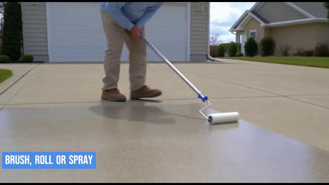 Person applying Top Shelf Penetrating Concrete Sealer For Driveways And Patio Slabs with a roller on a concrete surface.