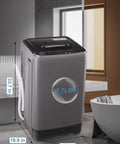 Compact Full Automatic Washing Machine In Sleek Grey displayed in bathroom, showcasing dimensions and design for efficient laundry.