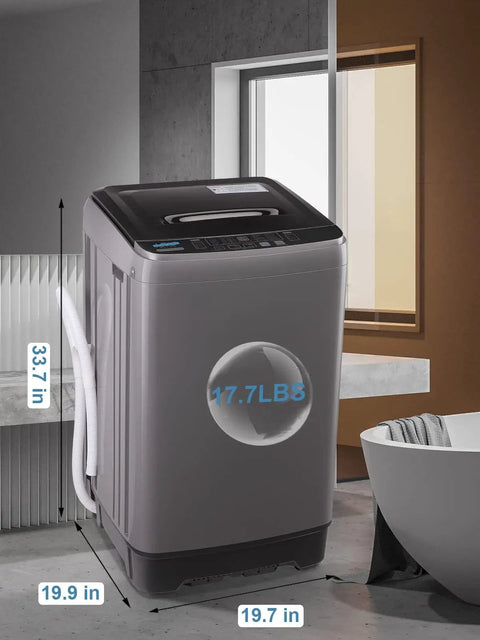 Compact Full Automatic Washing Machine In Sleek Grey displayed in bathroom, showcasing dimensions and design for efficient laundry.