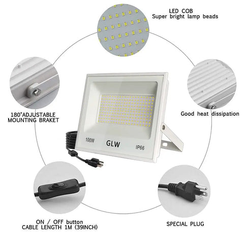 Beefy Three Pack 100W LED Flood Lights Outdoor, 10000LM Per Light, 30000LM Total Brightness, IP66 Waterproof design and features