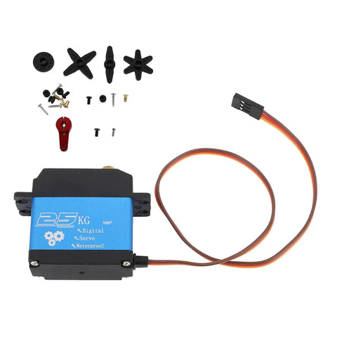 Rock Solid 25Kg Rc Servo Motor Loaded With Serious High Torsion Output And Durable Metal Gears For Heavy Duty Robotics And Fast Automation Builds Running Smooth On 4.8 To 7.2 Volt Systems, with accessories on white background.