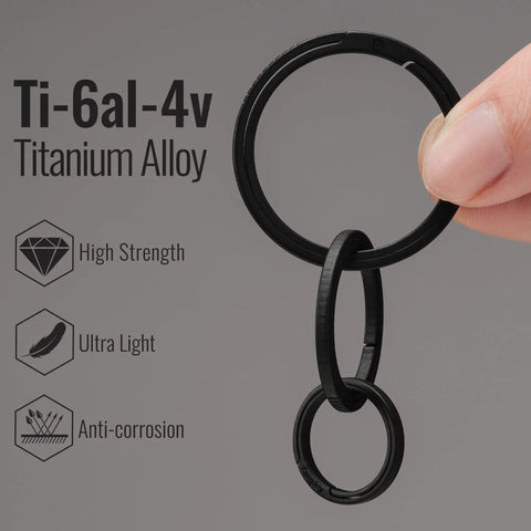 Ultralight Titanium Flat Key Rings Set With Side Pushing Split Rings In 33mm 25mm And 17.5mm Sizes being held, made from Ti-6Al-4V