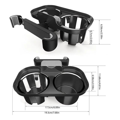 Heavy Duty Rear Seat Headrest Mount With Dual Cup Holder And Secure Phone Tray showing dimensions and design details for Rivian R1 R2.