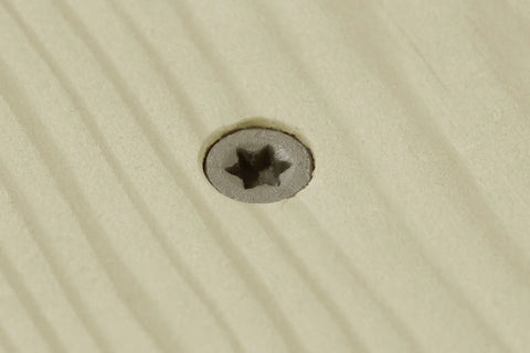Deck Drive Wood Screws Collated 8 By 1 And 5 Eighths Inch Torx T25 6 Lobe Tan for Exterior Decks, screw embedded in wood