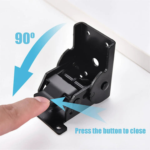 90 degree self locking folding hinge showcasing its black finish and mechanism, part of the 2 Pack 90 Degree Self Locking Folding Hinges Built Tough From Premium Cold Rolled Steel Really Heavy Duty And Solid For Bed Legs Table Extensions And Workbenches Offering A Smooth Hidden Pivot Zero Hassle And Sleek Black Finish.