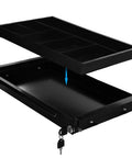 Slick Under Desk Pull Out Drawer With Lock Smooth Glide Metal Slide Organizer Tight Office Storage Solution Featuring Noiseless Rolling Tracks And Divided Compartments For Keeping Your Workspace Chill And Tidy showing black steel organizer with divided compartments.