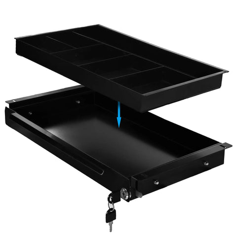 Slick Under Desk Pull Out Drawer With Lock Smooth Glide Metal Slide Organizer Tight Office Storage Solution Featuring Noiseless Rolling Tracks And Divided Compartments For Keeping Your Workspace Chill And Tidy showing black steel organizer with divided compartments.
