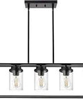 Farmhouse Linear Chandelier Matte Black 5 Light Kitchen Island Pendant Light With Seeded Glass Shades For Dining Room And Kitchen