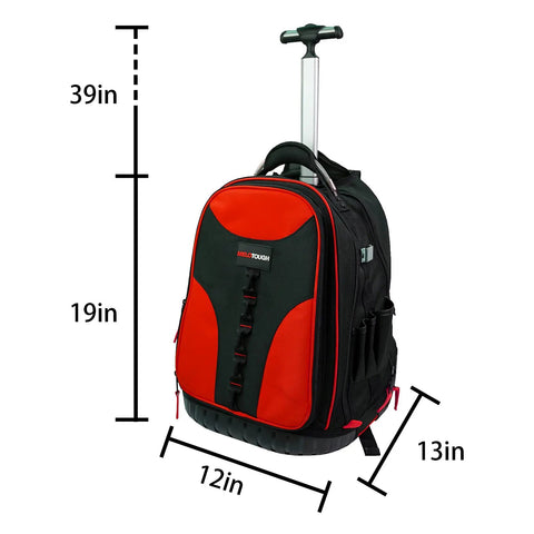 Heavy Duty Rolling Tool Backpack With 14 Inch Laptop Sleeve Pro Tradesman Organizer Wheeled Tool Carrier, red and black.