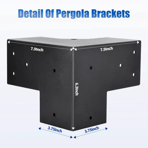 Detailed view of 4 Pack 3 Way Right Angle Pergola Brackets With Black Powder Coat Finish For DIY Woodworking, Post Base Brackets For Gazebos And Patios, 3.6 By 3.6 Inch, Rock Solid Carbon Steel