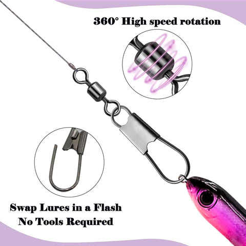50 Pack Stainless Steel Fishing Snap Swivels With Barrel Swivel Design, Corrosion Resistant For Saltwater And Freshwater, Safety Interlock Clips For Lures And 14Lb Leader Lines, Pro Grade Bulk Set Built For All Day Angling clip attached to fishing lure