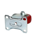 Side view of a heavy duty three inch fixed caster wheel with forged metal chassis and red polyurethane casters for carts and workbenches.