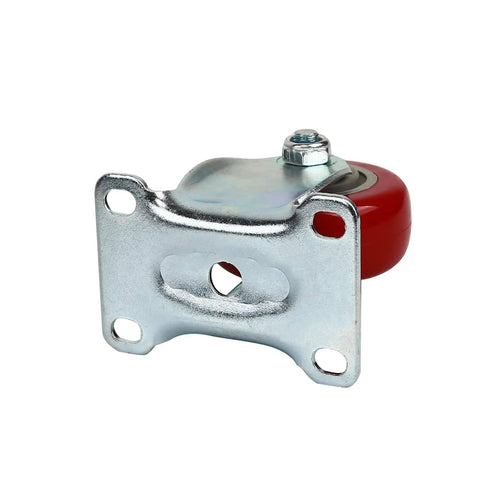 Side view of a heavy duty three inch fixed caster wheel with forged metal chassis and red polyurethane casters for carts and workbenches.