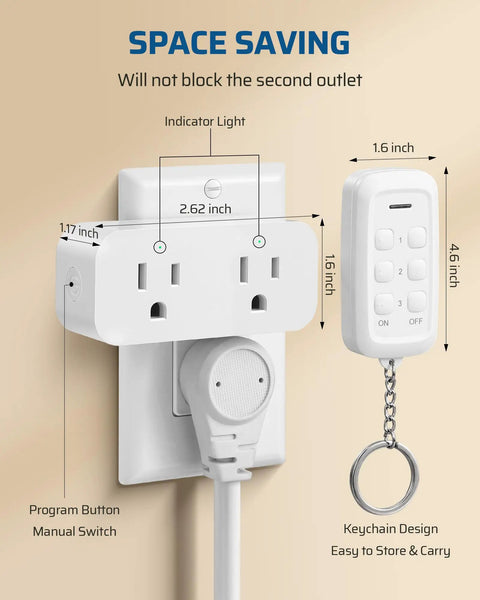 Wireless Remote Control Outlet With Dual Independent Sockets That Work Separately No Interference No Wiring Needed Plug And Play Ready 15A 1875W Peak Power 100 Foot Range Ideal For Lamps And Electronics