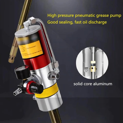 Heavy Duty Pneumatic Grease Gun With A 50 To 1 Air Operated Pressure Ratio Extended Tube For Construction And Farm Equipment No Sweat Lubrication Setup, solid aluminum casing.