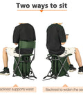 Two people using Backpack Cooler Chair With Backrest, Folding Camping Stool for Outdoors, showing two sitting positions.