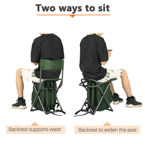 Two people using Backpack Cooler Chair With Backrest, Folding Camping Stool for Outdoors, showing two sitting positions.