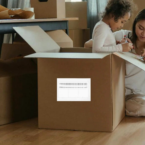 Child and adult packing with self adhesive packing list envelopes with window design on cardboard box for easy mailing