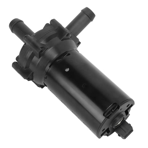 Rock Solid Electric Auxiliary Water Pump With Top Shelf Heat Dissipation Straight Bolt On Replacement For Cadillac Cts V Sts V Xlr V And 1500 Series Heavy Duty Coolant Circulator In Black, side view showing outlet and inlet fittings.