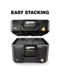 Front view of StackTech XL Tool Box Organizer With Locking System And Removable Tray, two stacked, with black finish and handles.