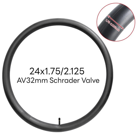 All-Around 24x1.75 to 2.125 Bike Inner Tubes 2 Pack With AV Schrader Valve showing 24x1.75/2.125 size and AV32mm valve detail