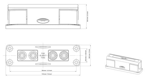 Class T Fuse Block 225A To 400A Plug and Play Setup for RV Marine and Solar Builds with detailed dimensions.