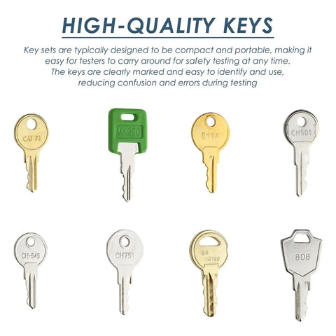 Eight Pack Universal Replacement Utility Key Set For RV Compartments Truck Toolboxes Dispensers And Maintenance Equipment With CH751 CH501 CH545 A126 CAT74 E114 MK9901 Keys, eight labeled metal keys