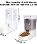 Straight Up Gravity Dog And Cat Feeder Set With Auto Water Dispenser And Leak Proof Basin Plus Wide Flow Spout One Gallon Capacity For Puppies Kittens And Small Pets Solid Dual Station displaying dimensions and capacity.