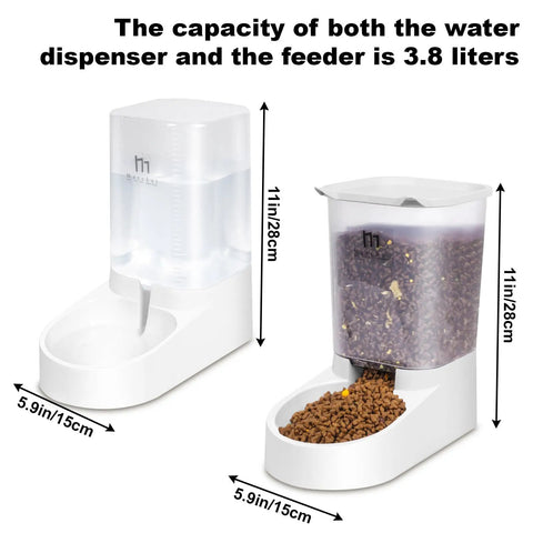 Straight Up Gravity Dog And Cat Feeder Set With Auto Water Dispenser And Leak Proof Basin Plus Wide Flow Spout One Gallon Capacity For Puppies Kittens And Small Pets Solid Dual Station displaying dimensions and capacity.