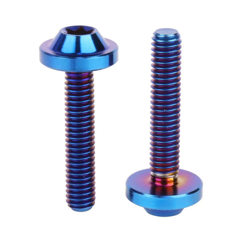 Grade Five Titanium Bolts For Bike And Moto Mods Button Torx Head Screws With Knockout Rust Resistance Heavy Duty Fasteners For Built Different Rides Set Of Four Slick Burnt Blue M4x20mm hardware screws, showcasing two pieces with vibrant coloring.