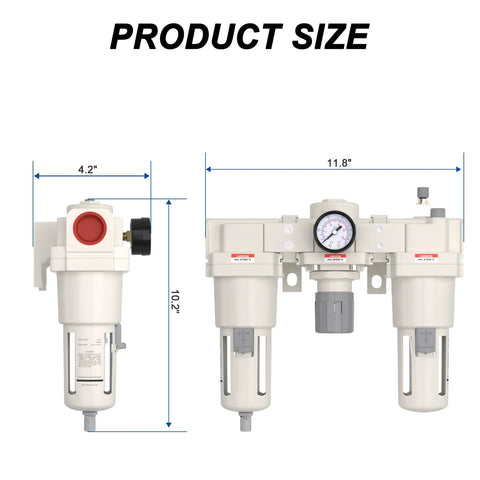Diagram of 1 Inch NPT Air Compressor Filter Regulator Lubricator No Fuss FRL Combo with measurements.