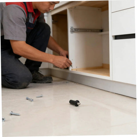 Installing Metal Cabinet Door Repair Pins Kit With Spring Loaded Shaft Pins for cabinet hinge fix.