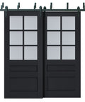 Interior Barn Sliding Door Kit With Frosted Glass Panels And Solid Wood Frames 72X96 Black Bypass System, front view with dual doors.