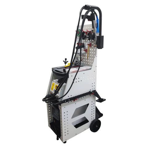 97ES Steel Dent Puller Machine With Data Recovery for Auto Body Repair, shown on a wheeled cart with welding tools.