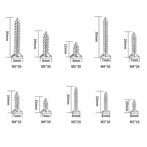 Assorted sizes of self-tapping screws from 250G Self Tapping Screws Assortment Kit For Wood And Metal M3 M4 M5