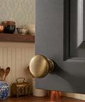 Brushed Antique Brass Cabinet Knob Set 10 Pack One And A Quarter Inch Round Mushroom Style Hardware For Cabinets And Drawers Includes One Inch Mounting Screws Built To Last Metal Drawer Pulls on gray cabinet door