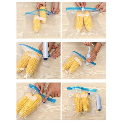 Handheld Vacuum Sealer For Food Storage Bags With T-Style Manual Pump used for sealing corn in a zip-top bag for freshness.
