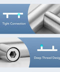 Detail view of tight connection and deep thread design on satin nickel cabinet pulls, part of the 30 Pack 4 Inch Satin Nickel Cabinet Pulls for Kitchen Cabinets with Six And Three Eighths Inch Overall Length And Four Inch Center To Center Mounting One Half Inch Diameter And One And Quarter Inch Projection.