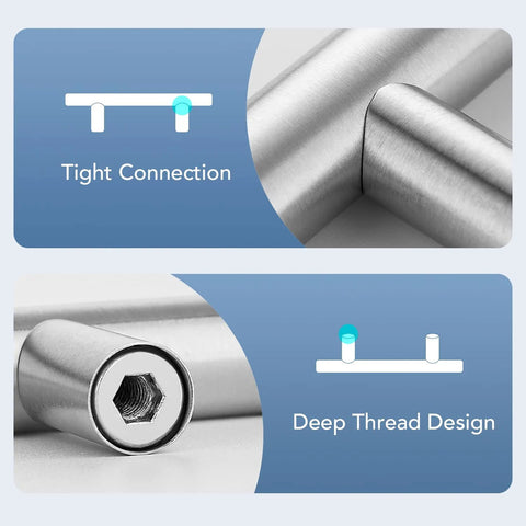 Detail view of tight connection and deep thread design on satin nickel cabinet pulls, part of the 30 Pack 4 Inch Satin Nickel Cabinet Pulls for Kitchen Cabinets with Six And Three Eighths Inch Overall Length And Four Inch Center To Center Mounting One Half Inch Diameter And One And Quarter Inch Projection.